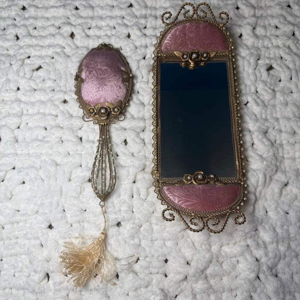 VTG Victorian Pink Brocade Filigree Vanity Tray & Hand Mirror Regency Romantic